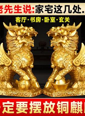 铜麒麟摆件一对黄铜踩八卦招财火麒麟公母送子门口铜麒麟家居摆饰
