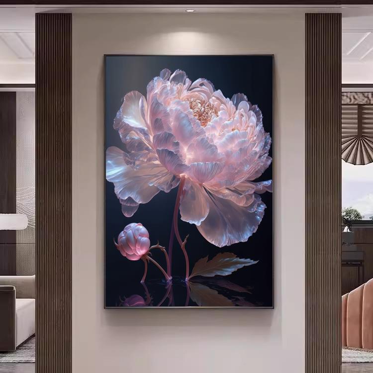 现代简约玄关挂画 画轻奢开 富贵客厅沙发黑白牡丹花朵芍药花装饰图片