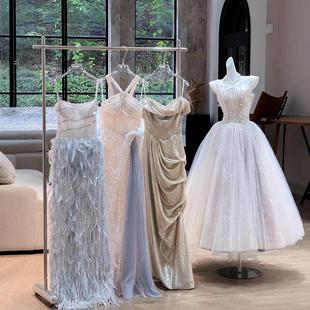 不锈钢婚纱架子落地式礼服秀禾服陈列架双层男装架头纱挂杆展示架