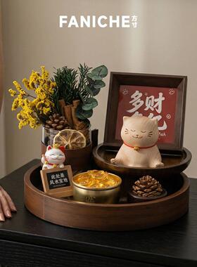 FANICHE方寸创意榉木招财猫旺财桌面摆设收纳托盘装饰品摆件礼物