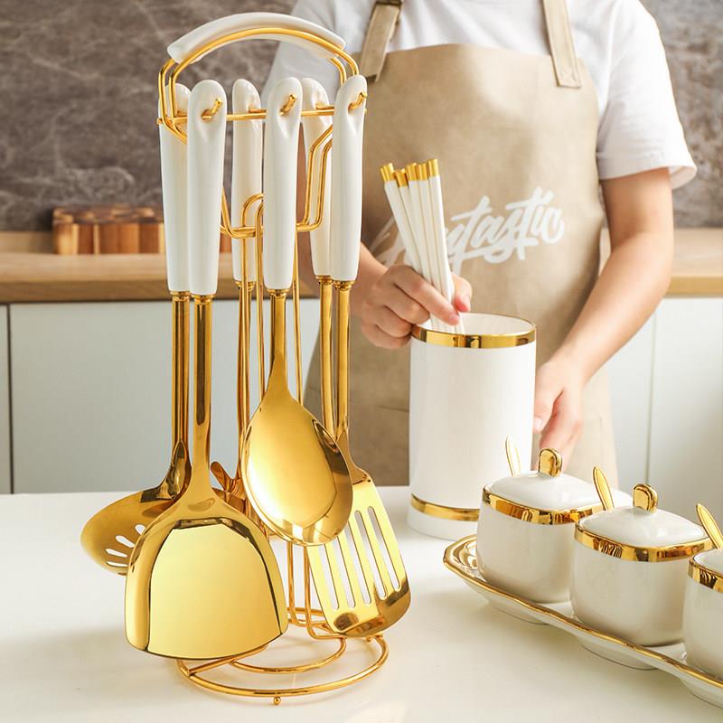 不锈钢锅铲套装家用炒菜铲子厨房用品大全置物架炒铲汤勺组合