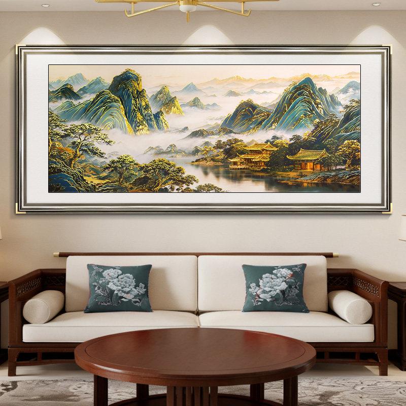浮雕描金背有靠山中式山水画办公室挂画客厅装饰画沙发背景墙壁画
