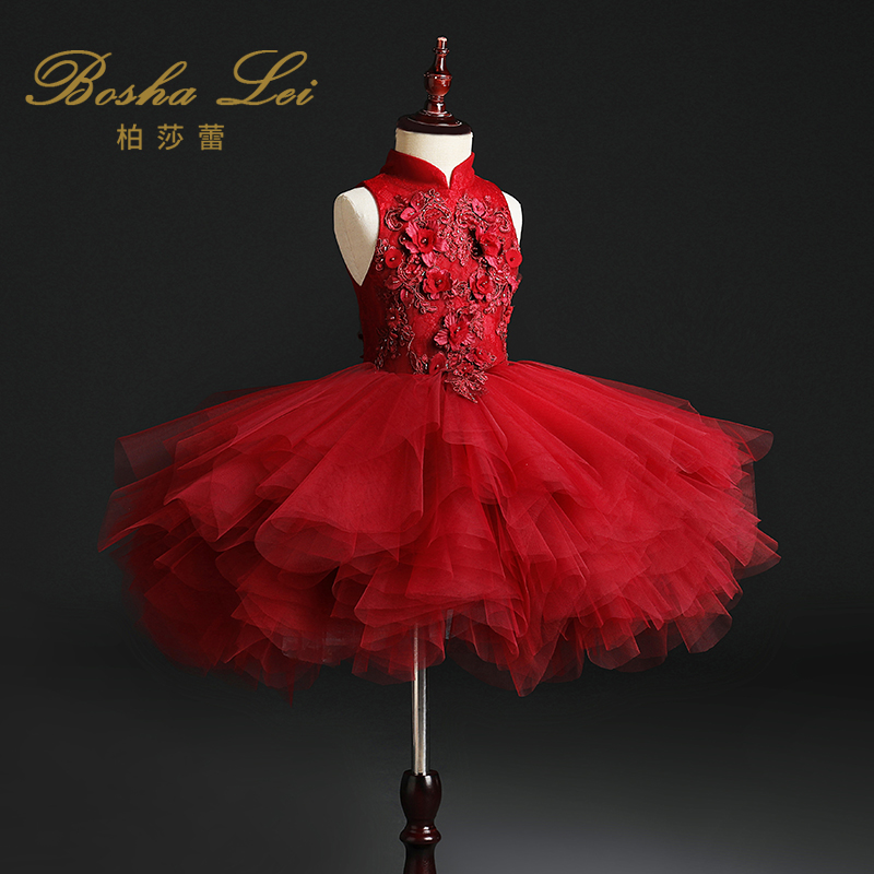 花童礼服女童g婚纱蓬蓬纱儿童钢琴演出服生日中式主持人红色晚礼