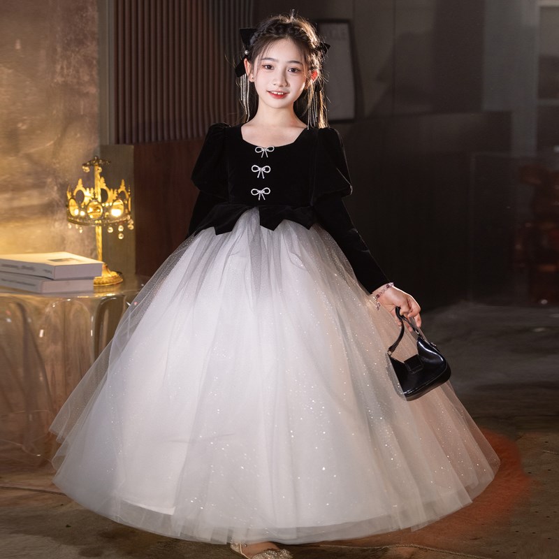 女童礼服轻奢小众高端黑色公主裙儿童主持钢琴演奏万圣节演出服装