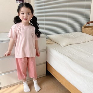 男童短袖 七分褲 韓版 套裝 女孩睡衣 兒童居家外出服夏季 高級(jí)慵懶風(fēng)e