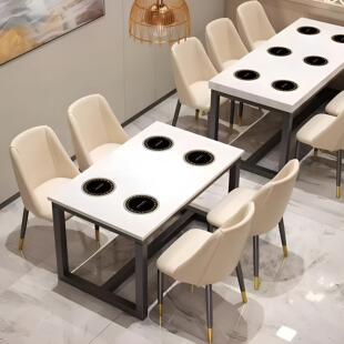 餐饮大理石火锅桌子电磁炉一体六人位餐桌家用快餐店桌椅组合商用