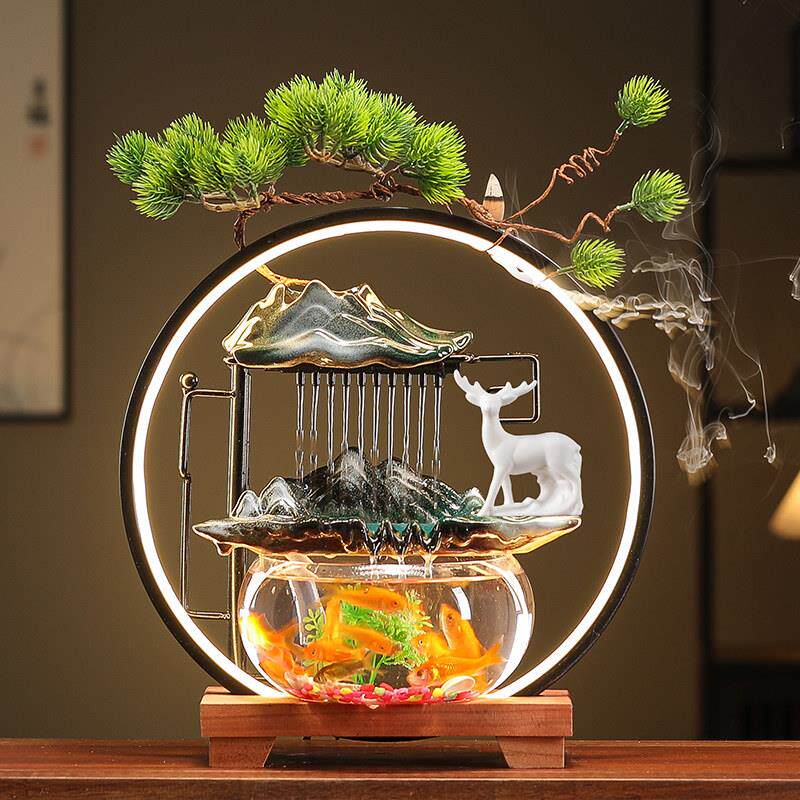 金鱼缸圆形客厅小型桌面超白玻璃陶瓷循环增氧创意流水喷泉养家用