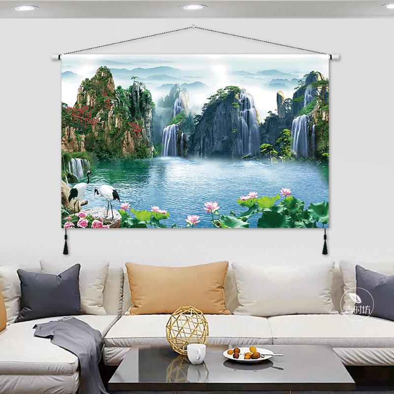 超大山水画挂布背景布墙布装饰客厅中堂画玄关挂毯布艺挂画可定制