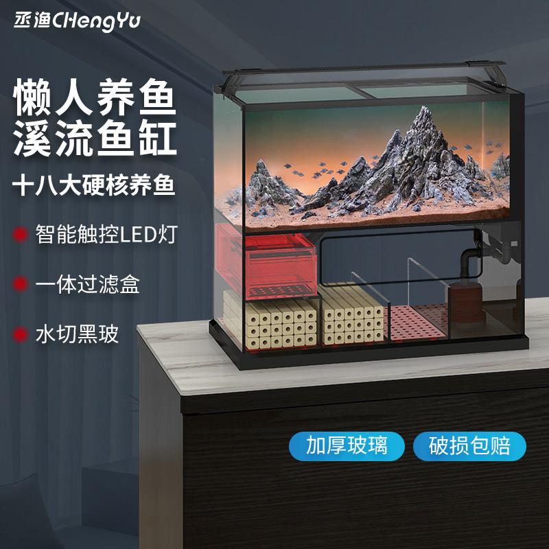 丞渔2025新款一体底滤桌面客厅超白玻璃三湖南美溪流生态造景鱼缸