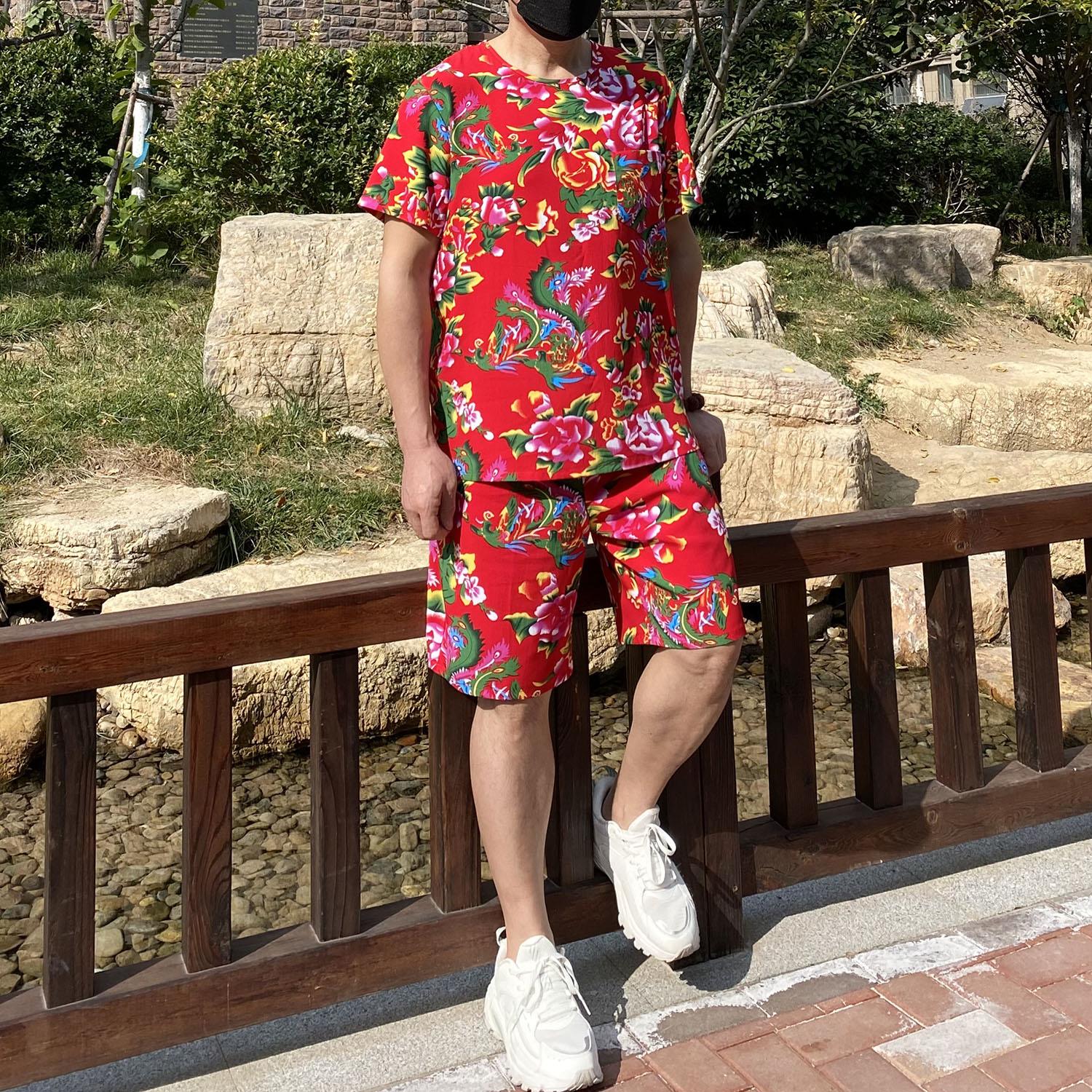 东北大花布棉绸睡衣套装民族风演出服装男士短袖T恤衫短裤家居服