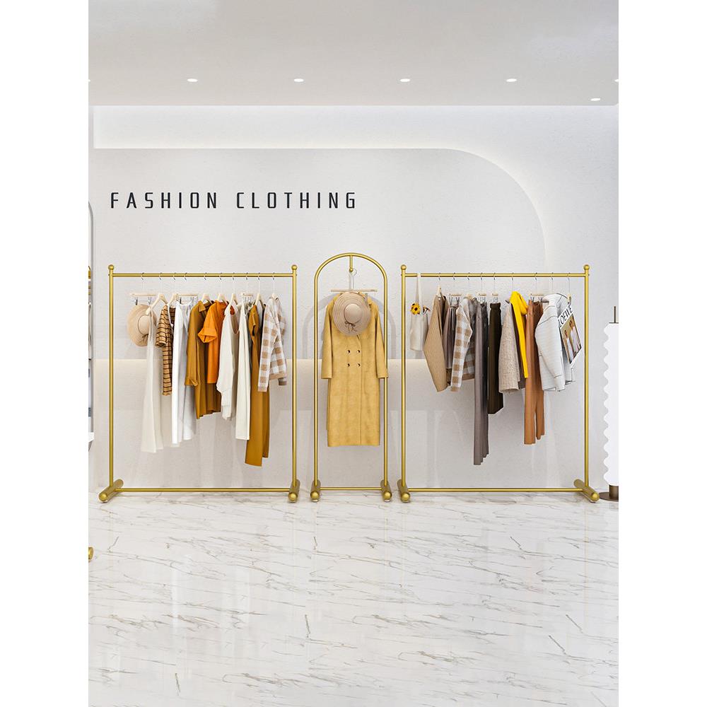 服装店展示架落地式铁艺金色轻奢靠墙衣服陈列架组合女装店挂衣架