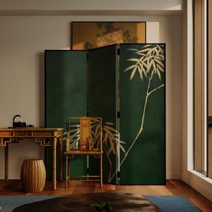 东方美学新古典屏风折叠移动客厅玄关入户茶室卧室床头折屏翠竹画