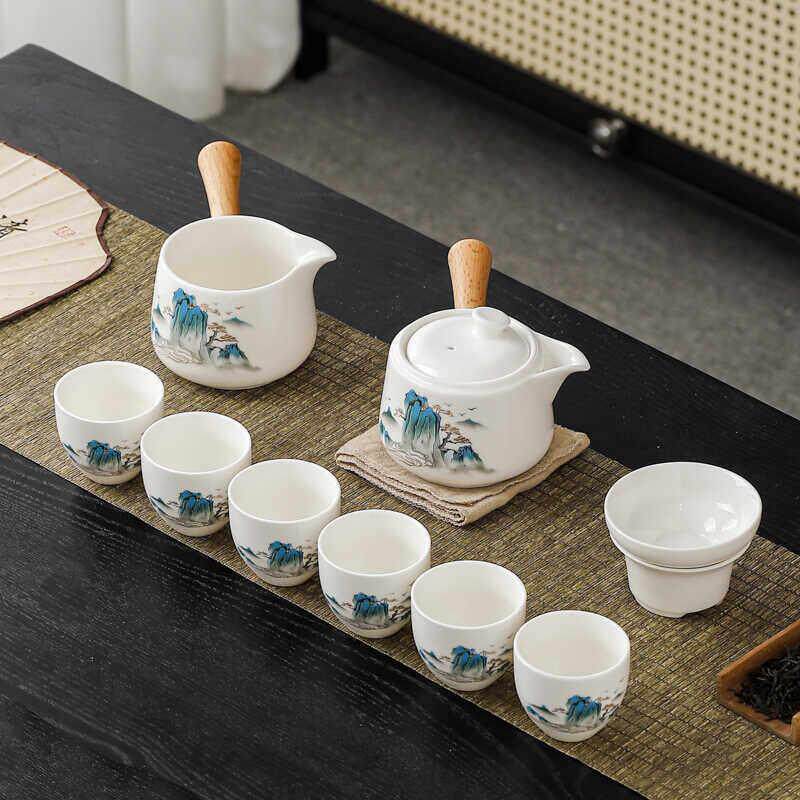 德化白瓷羊脂玉茶具套组家用办公室陶瓷功夫茶具侧把茶壶茶杯整套