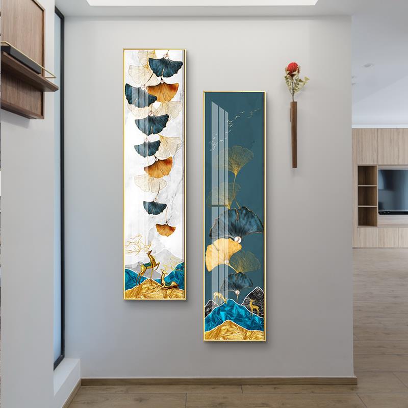 入户玄关装饰画轻奢壁画走廊过道挂画长条竖版别墅发财鹿背景墙画图片