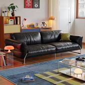 政府补贴中古包豪斯黑曜真皮客厅直排不锈钢意式 黑色头层牛皮沙发