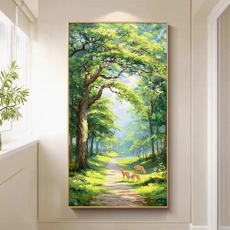 聚宝盆小鹿大树风景装饰画进门对面玄关入户风水挂画东墙高级山水