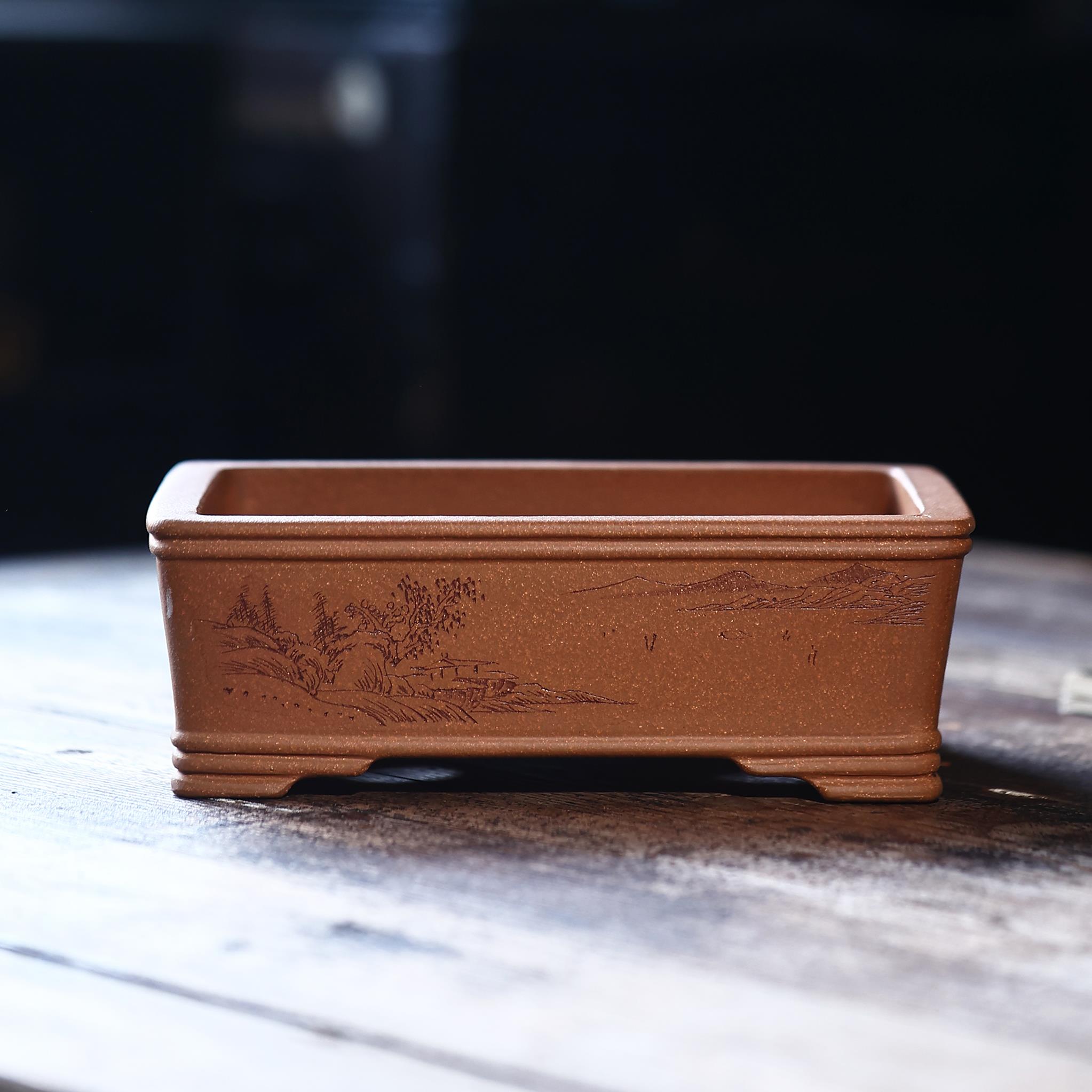 紫砂花盆长方形盆景盆五线盆景盆苏兵名家盆刻绘山水盆觅陶乡