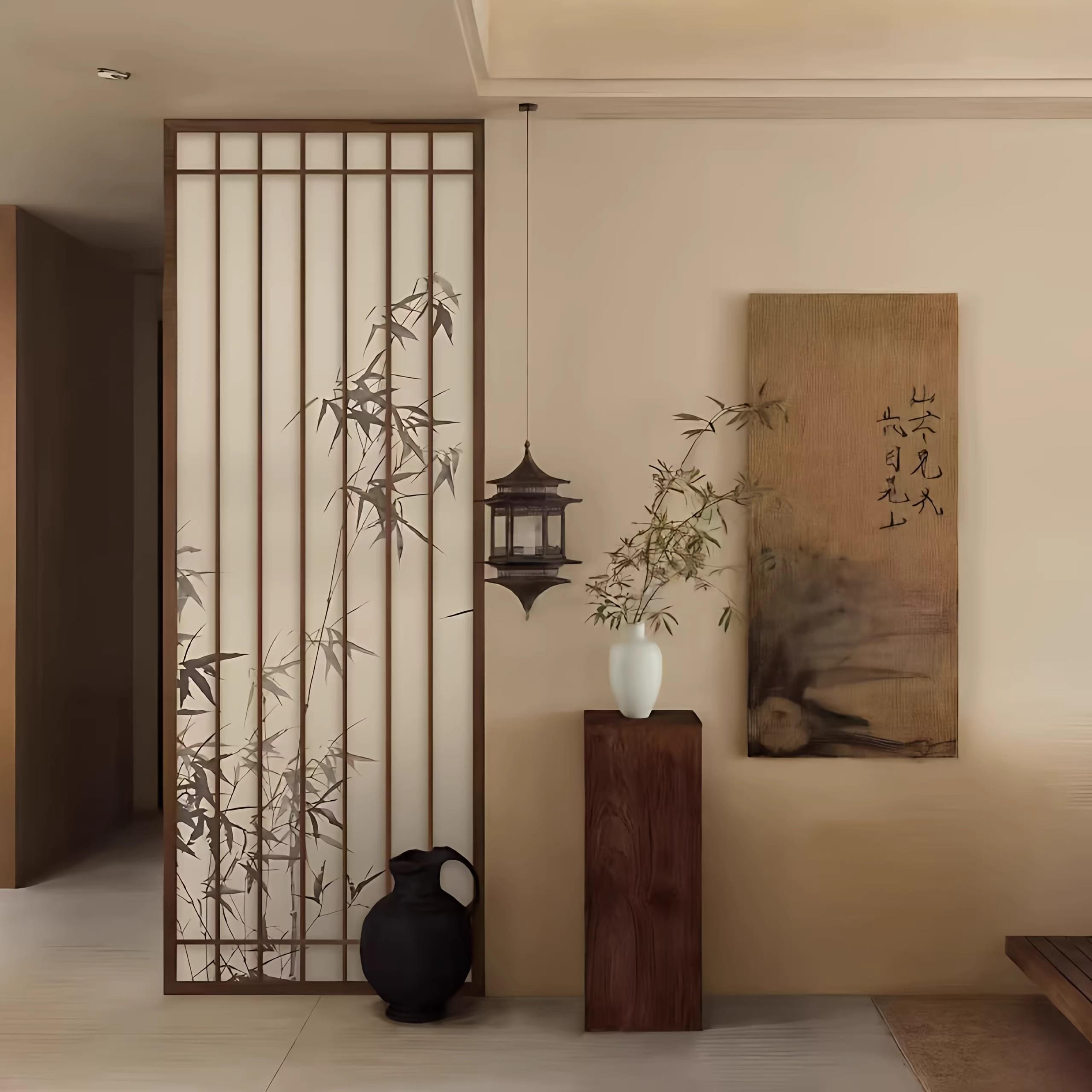 宋式美学屏风隔断餐厅玄关入过道茶室实木座屏新中式复古竹影格栅
