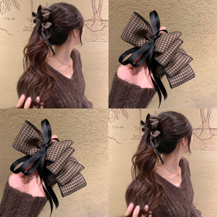 超洋气 复古丝绒格纹蝴蝶结香蕉夹女后脑勺大号盘发马尾夹发夹