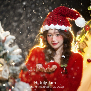 圣诞节红色帽子圣诞老人针织帽粗毛线帽网红氛围拍照道具新年头饰