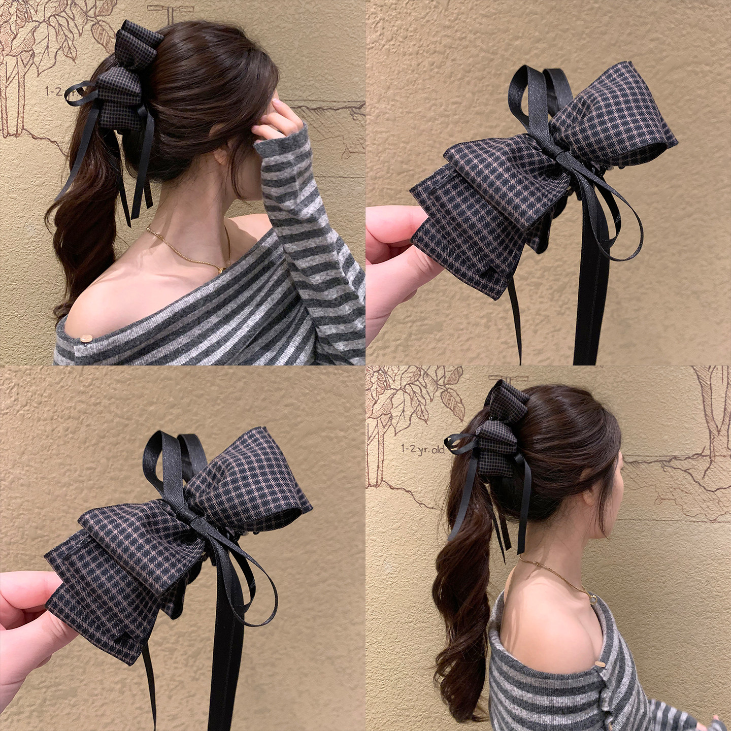 韩系学院风~ 格纹多层蝴蝶结香蕉夹法式复古高马尾发夹扭扭夹头饰,饰品/流行首饰/时尚饰品新,发饰,淘宝优惠券,粉丝福利购,淘宝优惠卷