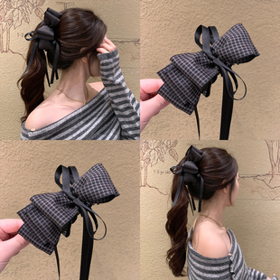 韩系学院风 复古高马尾发夹扭扭夹头饰 格纹多层蝴蝶结香蕉夹法式