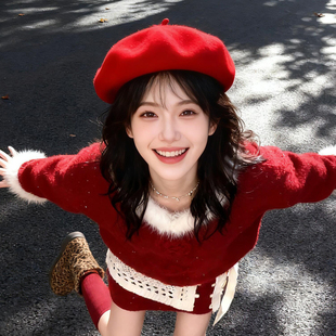 新年发财红 大头围显脸小画家帽显白蓓蕾帽 羊毛呢贝雷帽2026新款