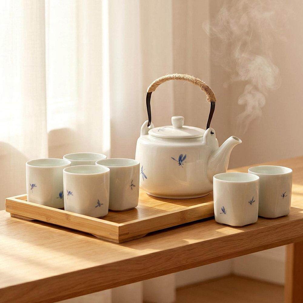 小清新茶具套装家用整套景德镇陶瓷简约大容量提梁茶壶茶杯带茶盘