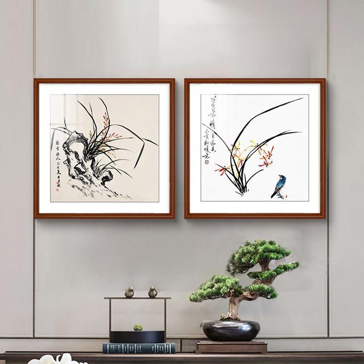 新中式实木框装饰画兰花图壁画玄关饭厅挂画客厅沙发墙写意花鸟画