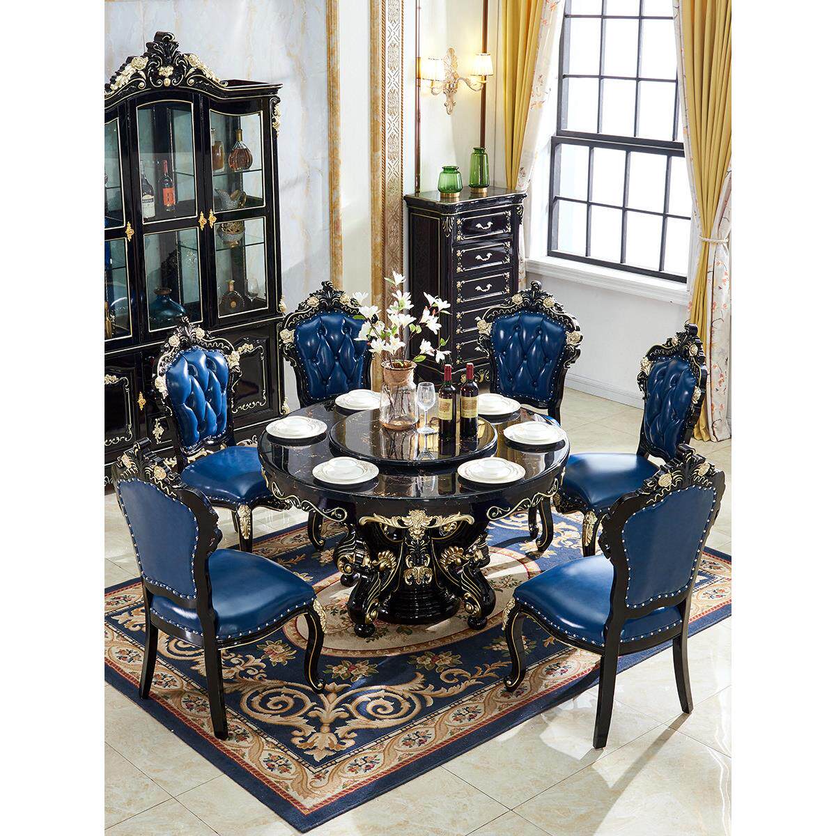 欧式大理石餐桌椅组合实木雕刻家庭用6人、8人圆桌，配有转盘家具