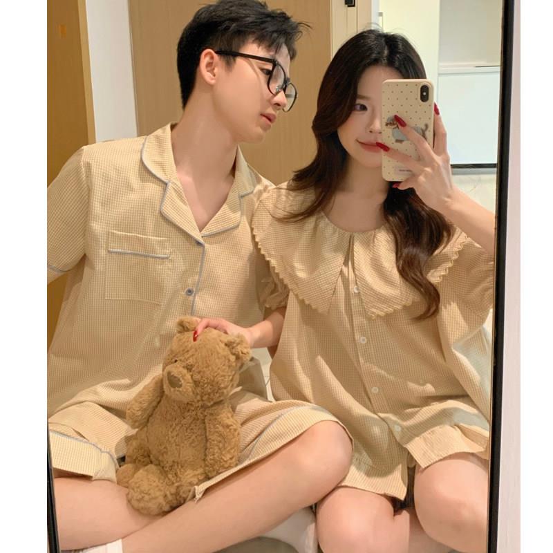 格子睡衣情侣装一男一女2026新款夏季洋派独特别致短袖家居服套装