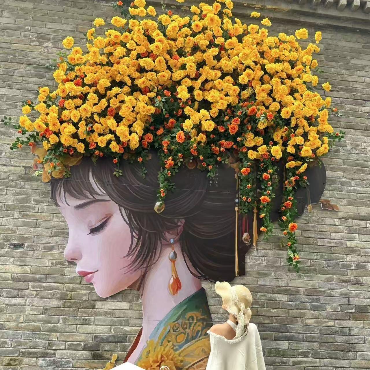 2026国风网红花墙女孩仿真鲜花玫瑰瀑布花墙文旅国粹拍照打卡背景