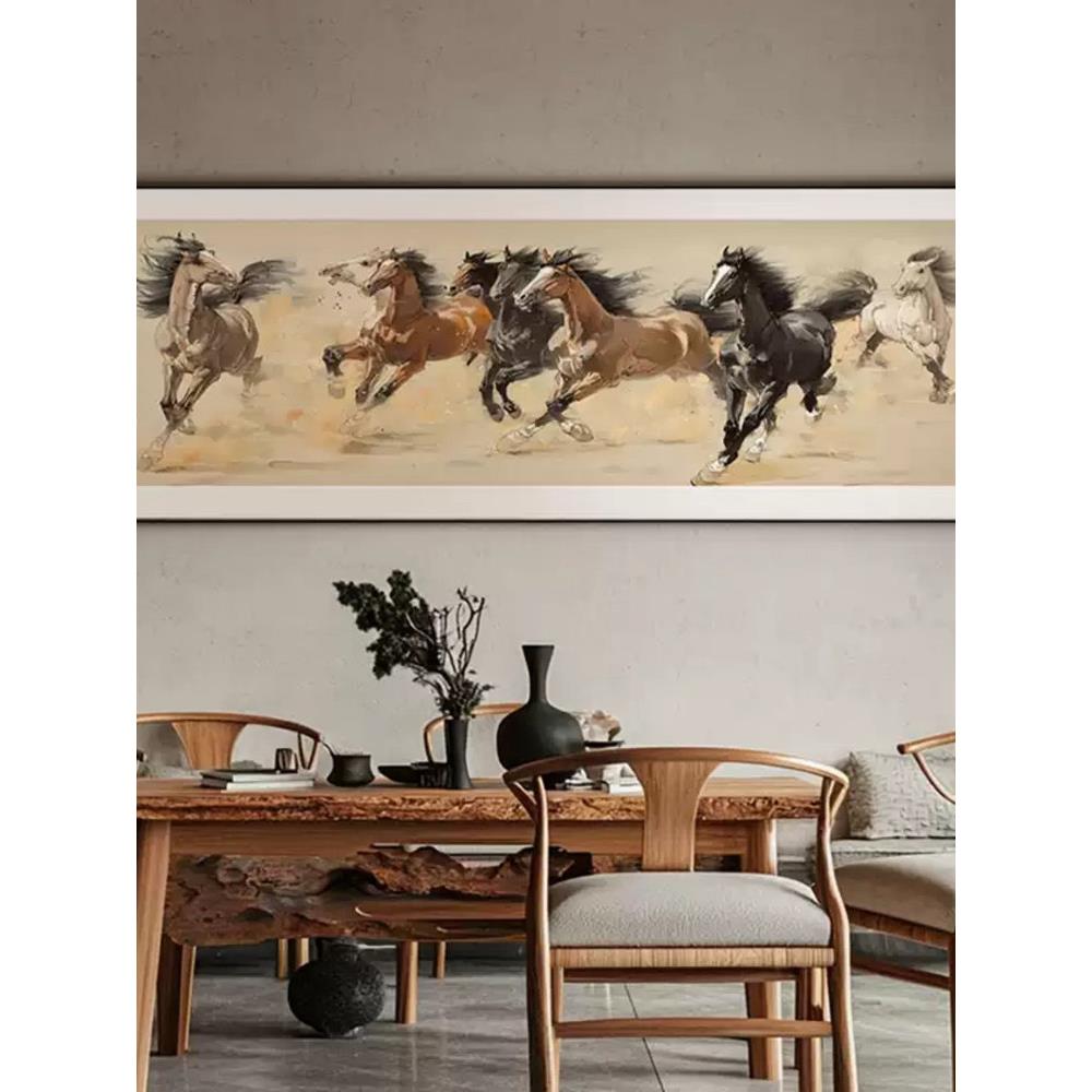 马到成功装饰画新中式挂画客厅茶室八骏图办公室国画书房水墨壁画
