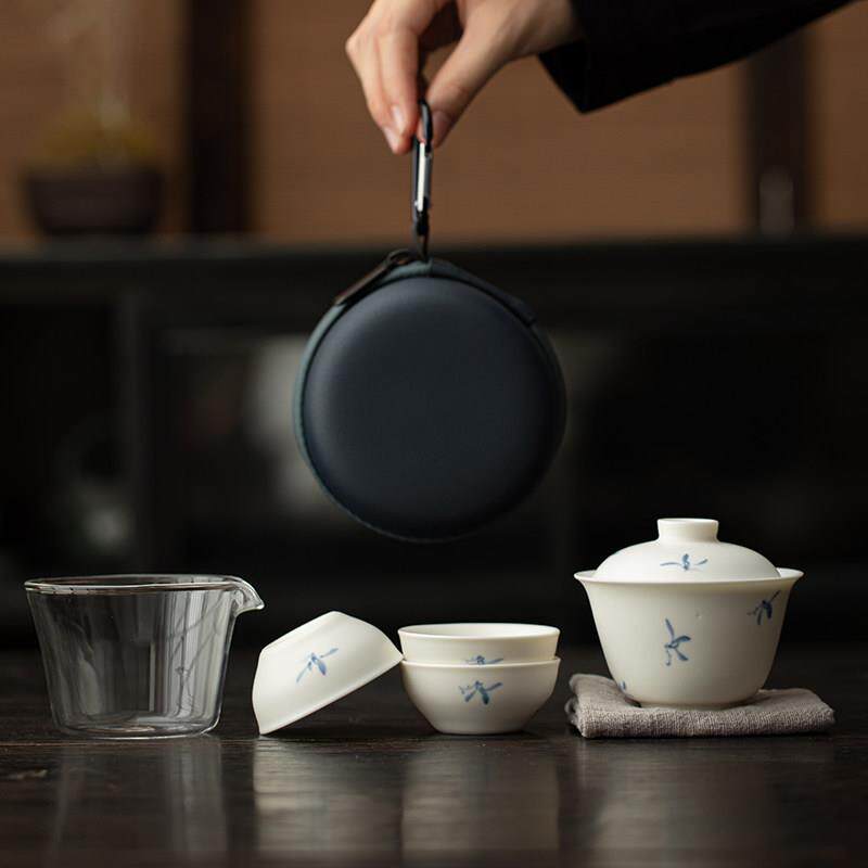 纯手绘兰花羊脂玉旅行茶具可携式随身户外泡茶功夫盖碗茶杯快客杯