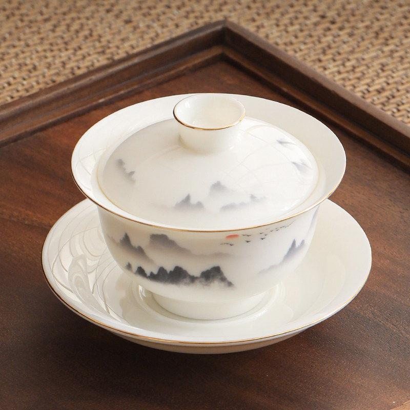 景德镇见山烧羊脂玉盖碗茶杯白瓷三才碗单个高档陶瓷带盖子泡茶碗