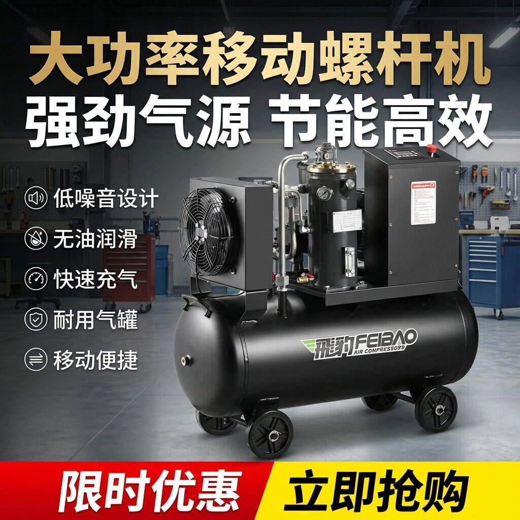 飞豹移动螺杆式空气压缩机工业级380v大功率220v真石漆专用打气泵