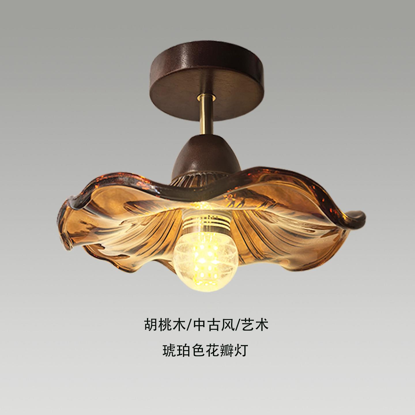 走道灯中古实木入户玄关阳台灯具轻奢玻璃花朵氛围复古走廊吸顶灯