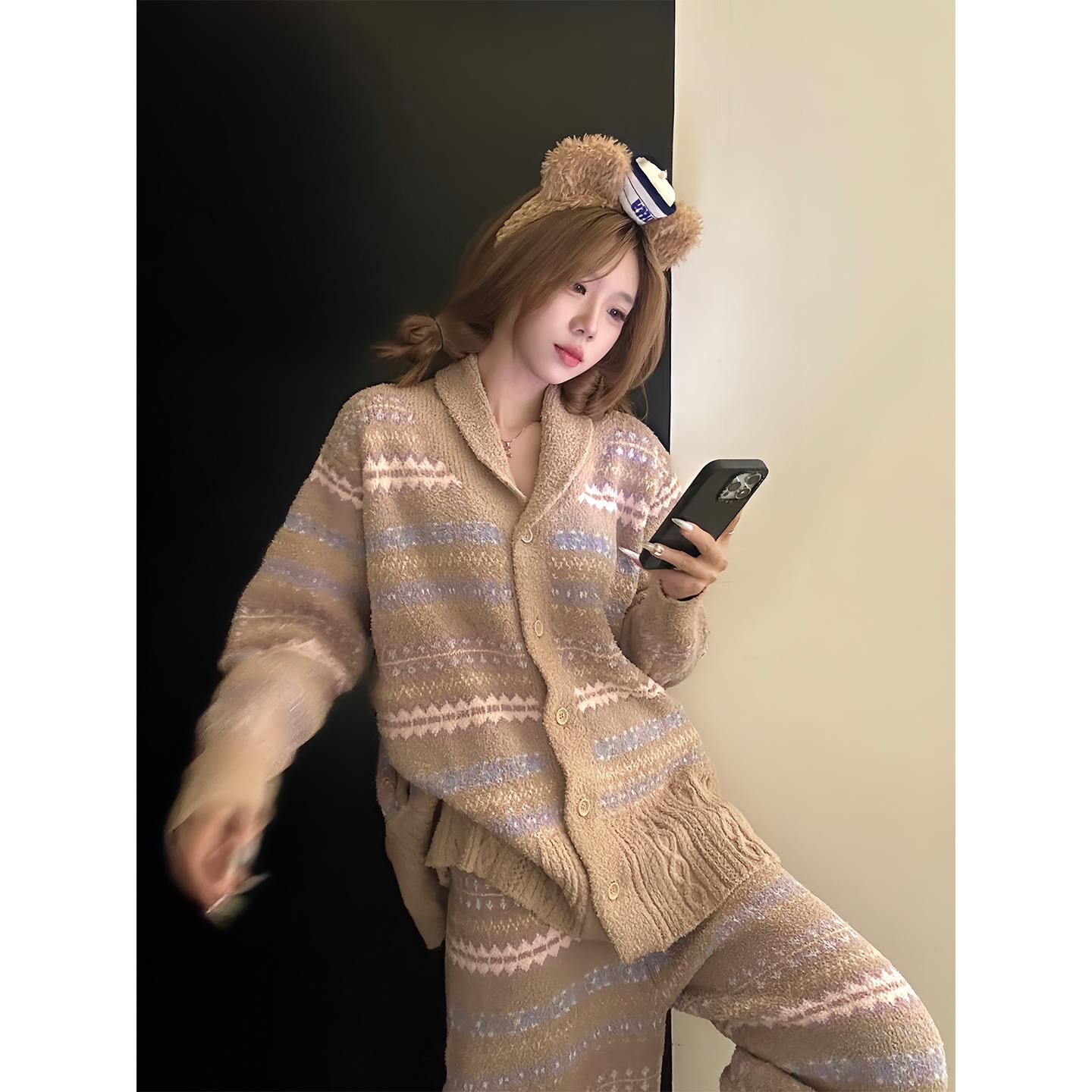 韩系覆古设计感睡衣女秋冬新款大码针织半边绒条纹家居服保暖睡衣