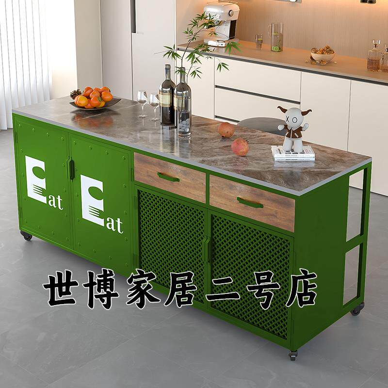 现代简约岩板岛台餐桌一体厨房岛台客厅隔断长吧台桌开放式餐边柜