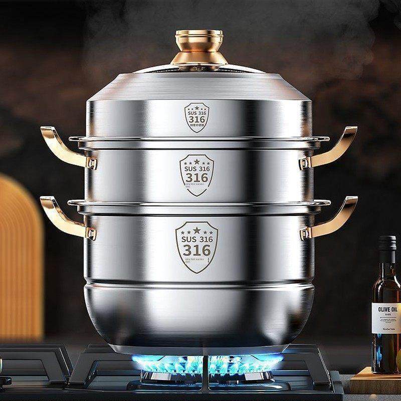 特厚不锈钢双层蒸锅316家用食品级304汤锅馒头三层或四层电磁炉通