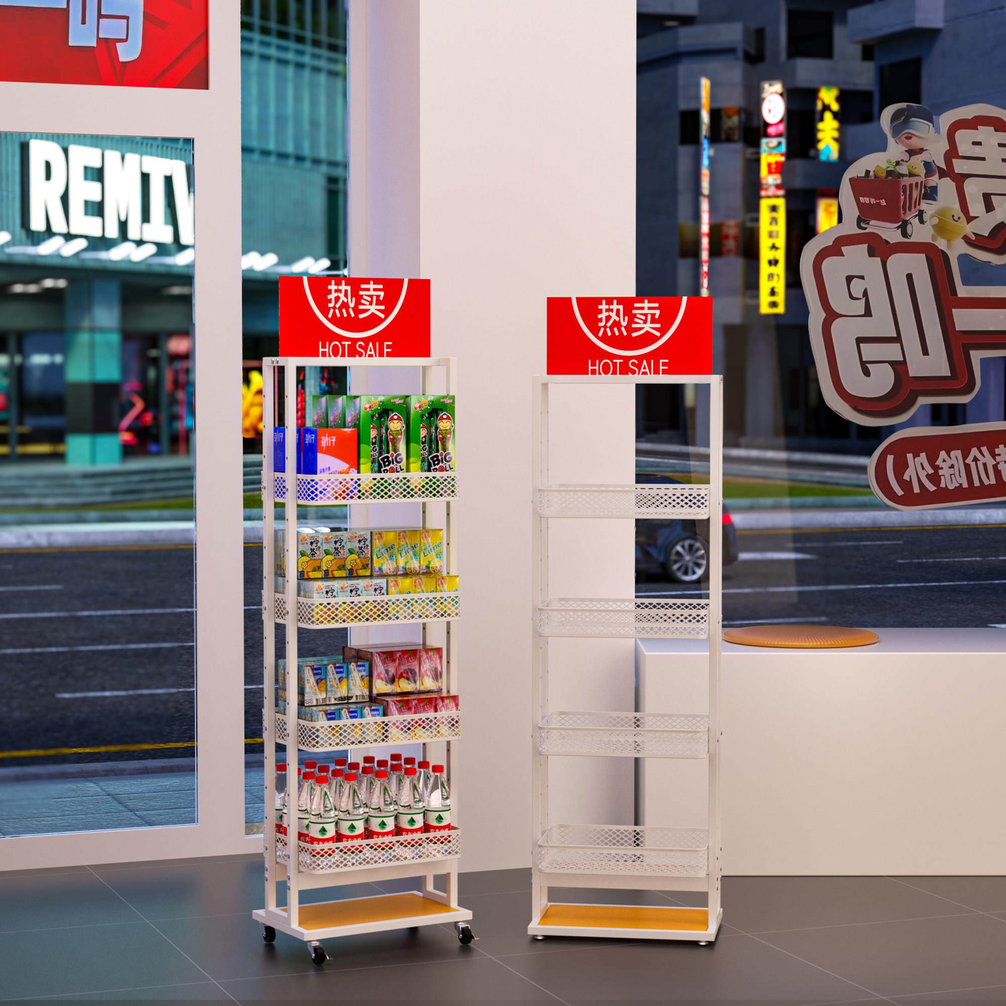 便利店中岛架促销货架可移动带轮子带挂钩多层中岛展示超市货架