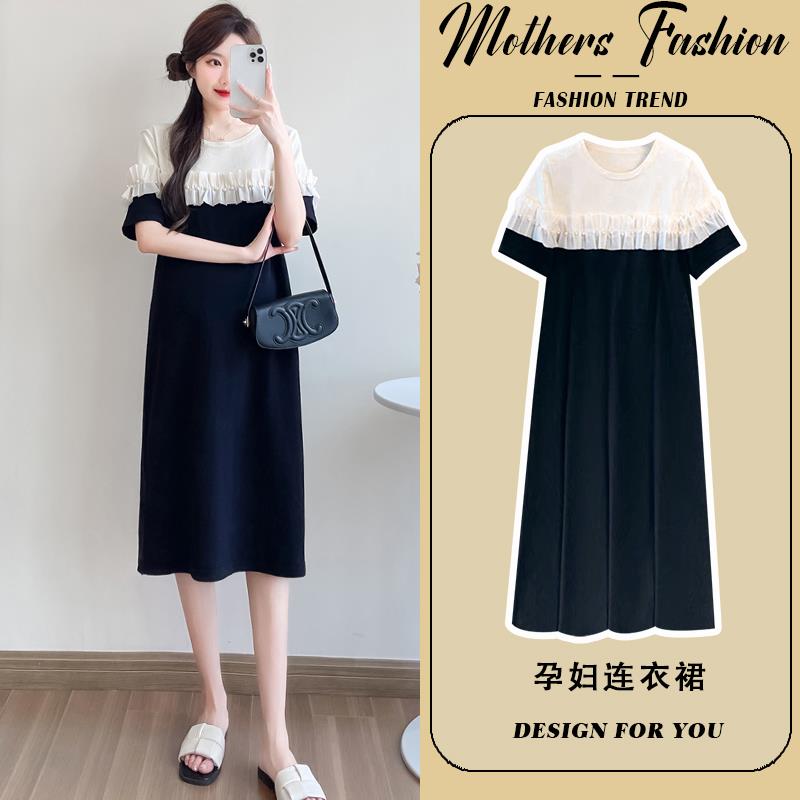 孕妇连衣裙短袖薄款宽松显瘦拼接遮肚中长款冰丝针织2025新款夏女