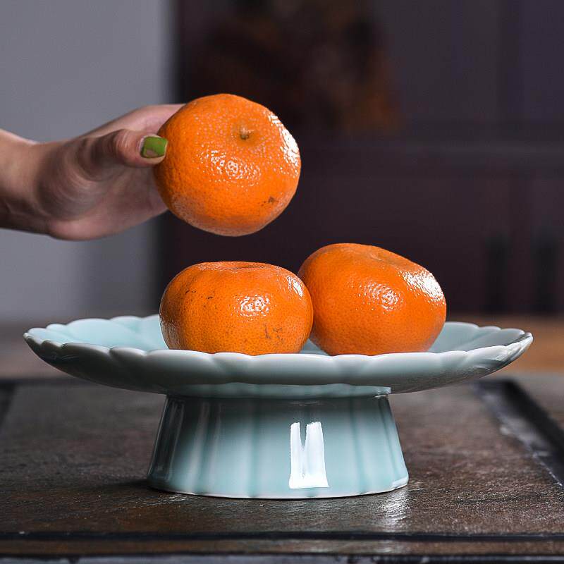 龙泉青瓷高脚供盘陶瓷创意供佛盘子家用大号莲花果盘中式高足果碟