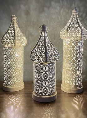 欧式摩洛哥创意镂空防风灯铁艺灯笼家居卧室客厅气氛围装饰覆古摆