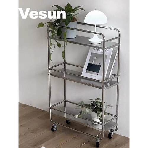 Vesun ins金属不锈钢置物架中古杂物多层落地可移带轮储物收纳架