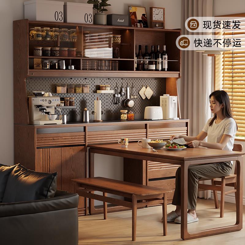冬木实木餐边柜餐桌一体高柜茶水柜胡桃木色靠墙收纳柜客厅咖啡柜图片