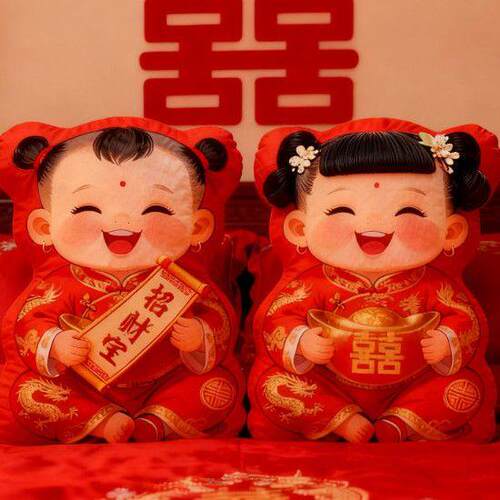 中式结婚压床娃娃娃娃一对可爱抱枕舒适靠枕年画风床头喜娃印花靠