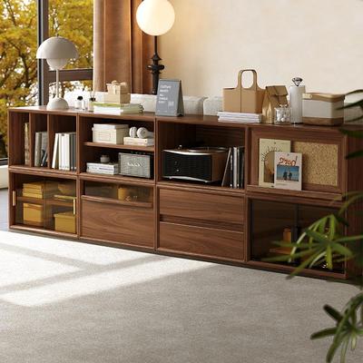 黑胡桃木书柜矮柜实木格子柜落地书架模块化自由组合柜储物电视柜