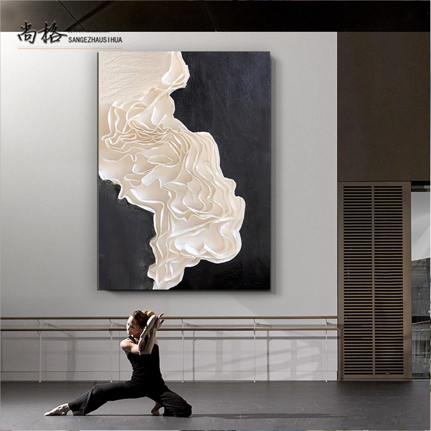 简约现代纯手工纸艺立体装饰画黑白抽象艺术海浪客厅入户砂岩肌理图片