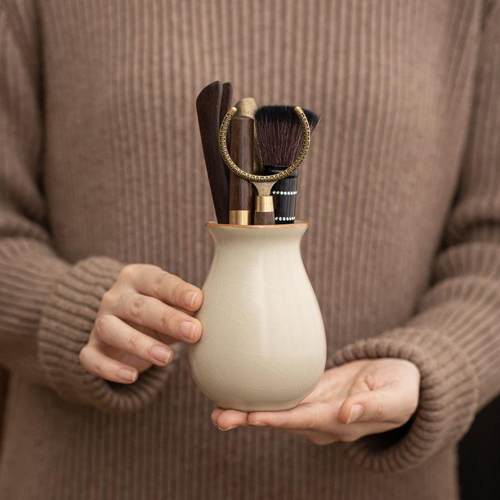 茶道六君子茶具配件六件套米黄汝窑养壶笔茶夹茶刀茶勺收纳筒套装